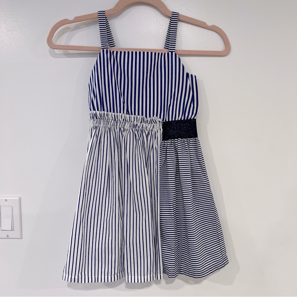 Cat & Jack Girls Sz S (6/6X) Blue & White Striped Asymmetrical Dress 100% Cotton